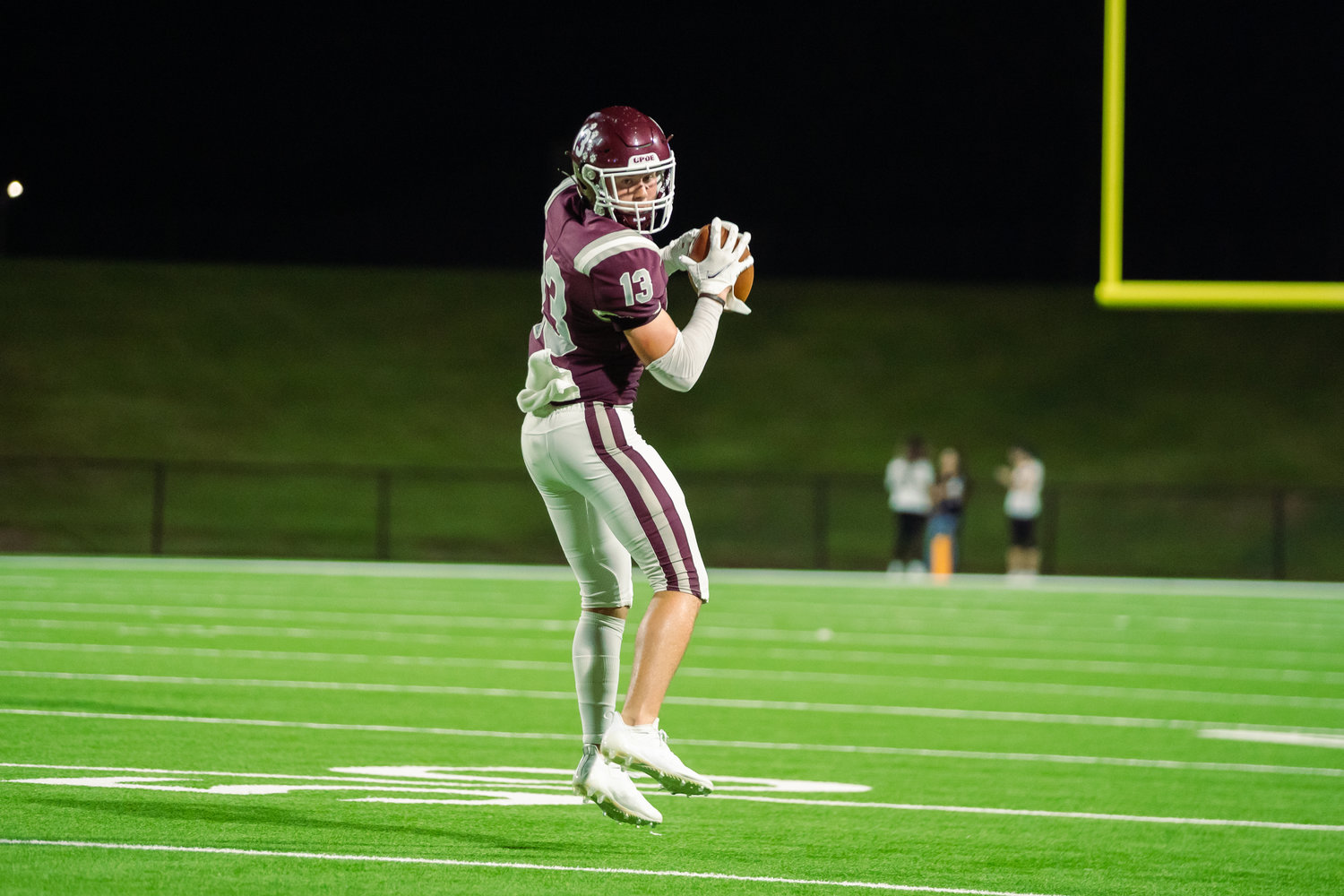Cinco Ranch’s Fischer Reed makes a catch during Friday’s game between Cinco Ranch and Tompkins at Rhodes Stadium.